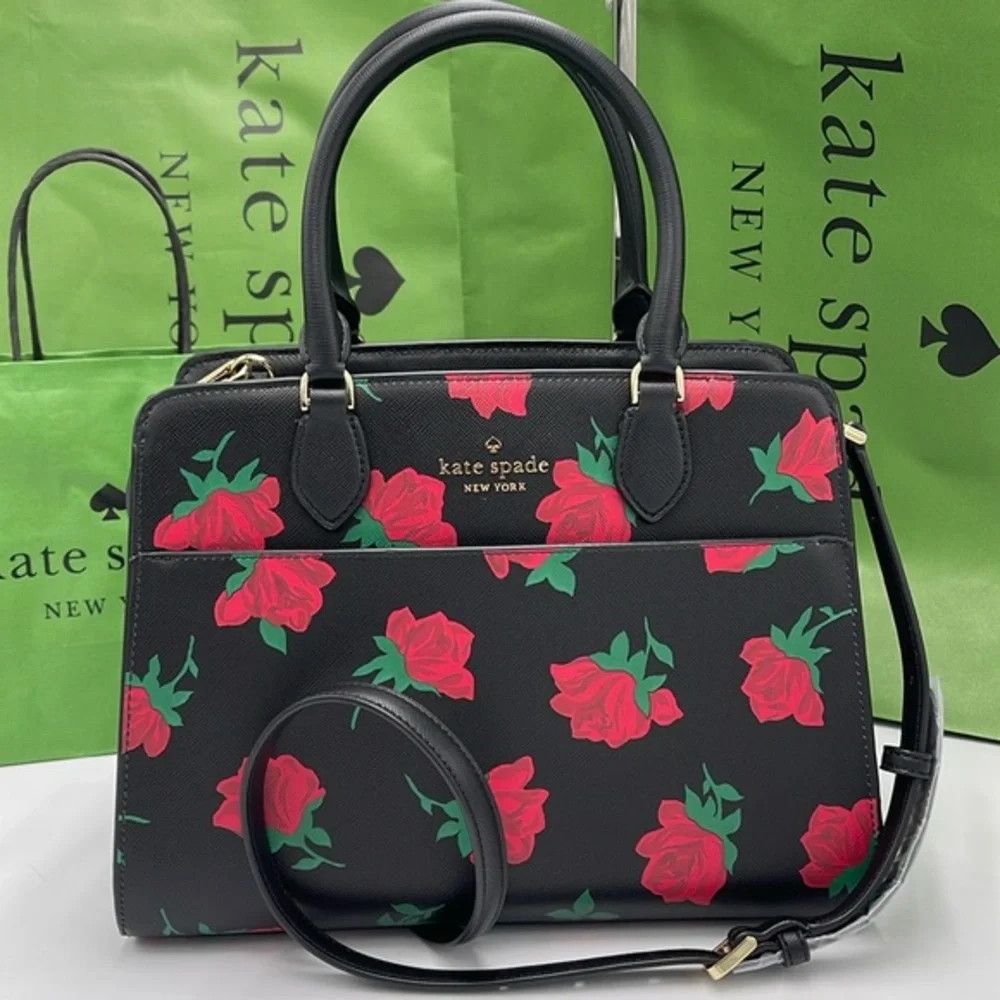 Kate Spade Madison Rose Toss Printed Medium Satchel COLOR: Black Multi NWT
